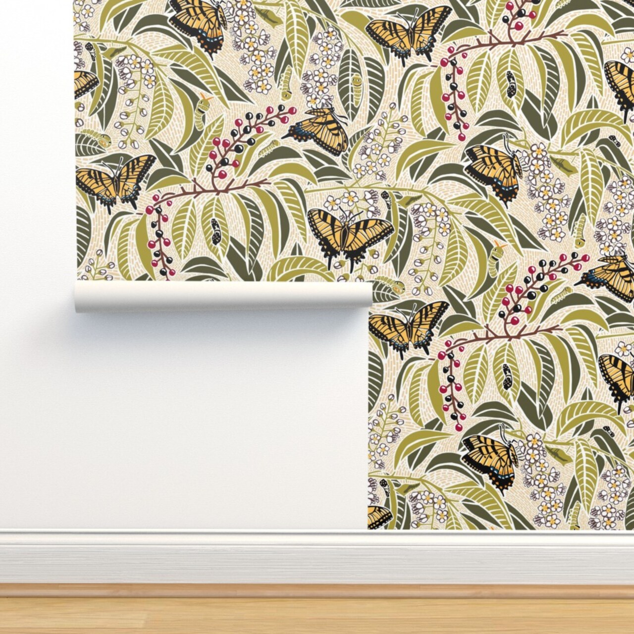 Butterfly Botanical Floral Swallowtail Butterflies Large Scale Custom Pre-pasted Wallpaper by Spoonflower Pre-Pasted Wallpaper 2FT Wide
